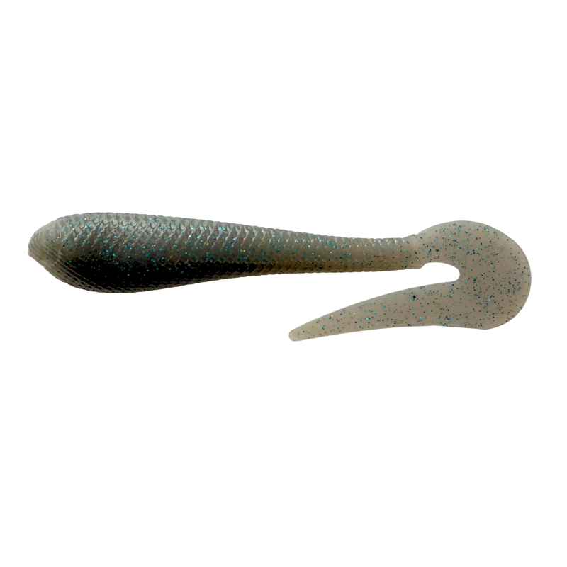 Snake fishing lure with a textured body and pointed tip on a white background