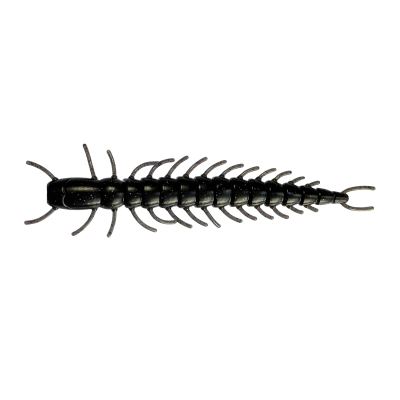 6 Inch black centipede fishing lure on a white background