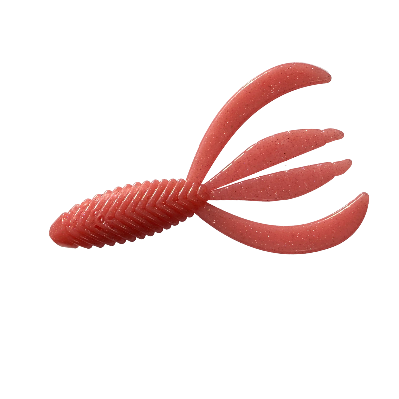 Orange beaver fishing lure with a textured body and four appendages on a white background