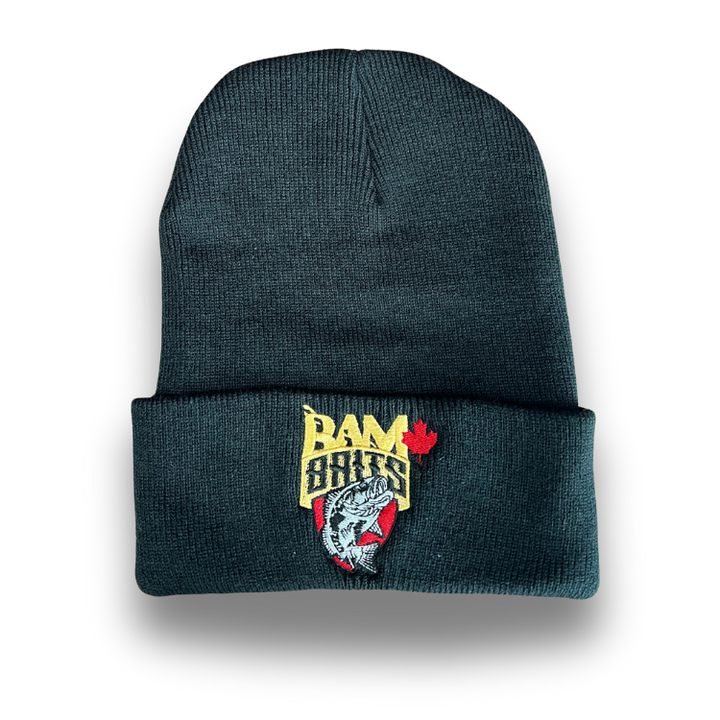 Black beanie with Bam baits logo on a white background