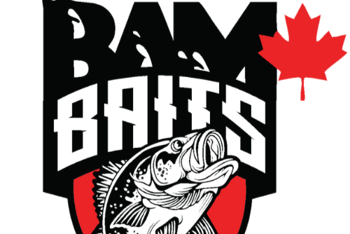 Logo of Ram Baits with a fish illustration and a red maple leaf on a white background