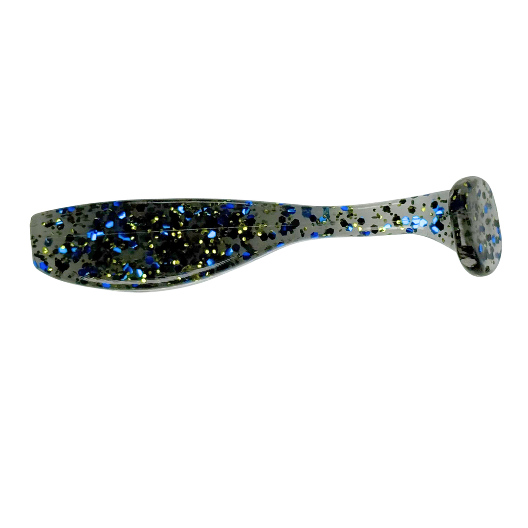 Fishing lure with blue and black glitter on a white background