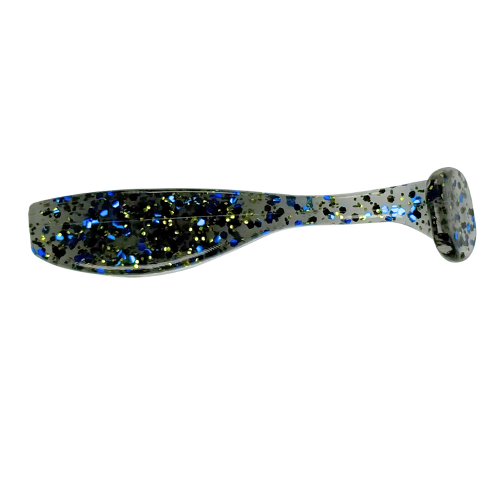 Fishing lure with blue and black glitter on a white background
