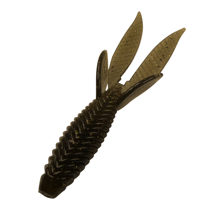 Fishing lure with a ribbed body and three blades on a black background