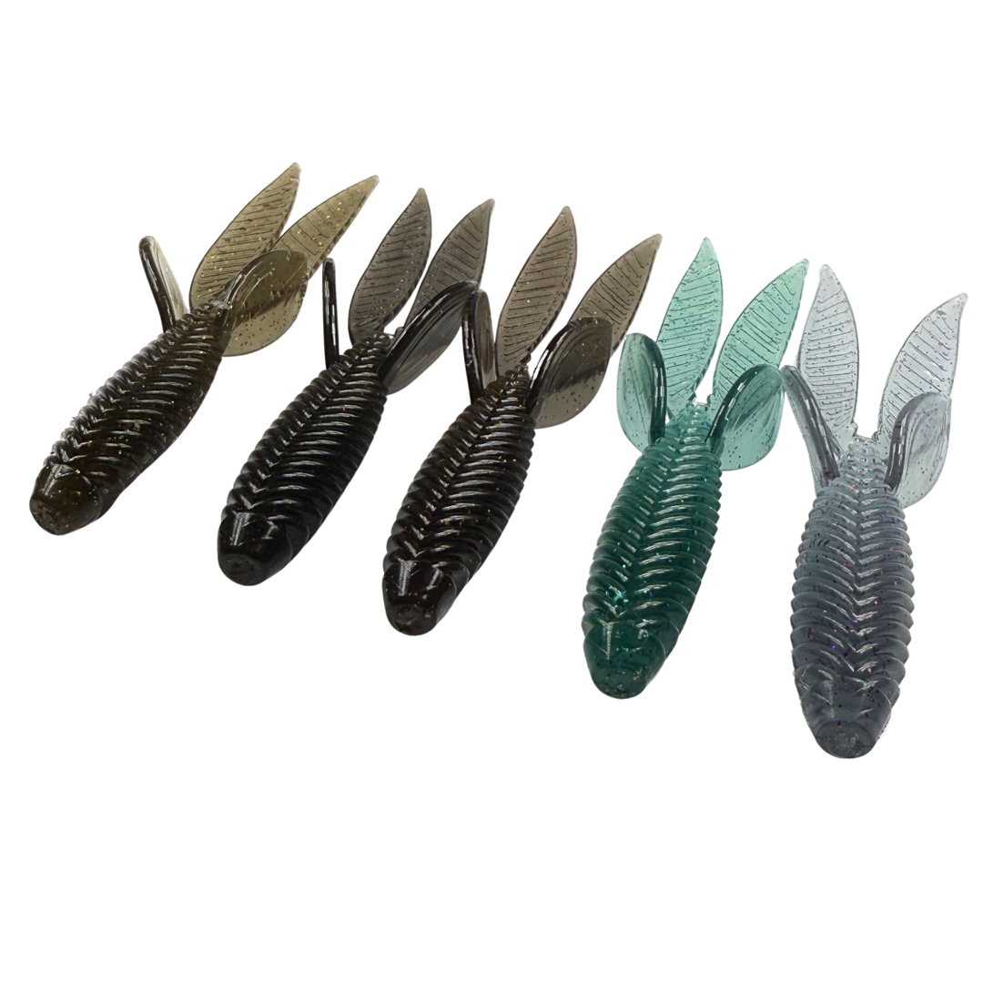 Set of six fishing lures in different colors on a white background