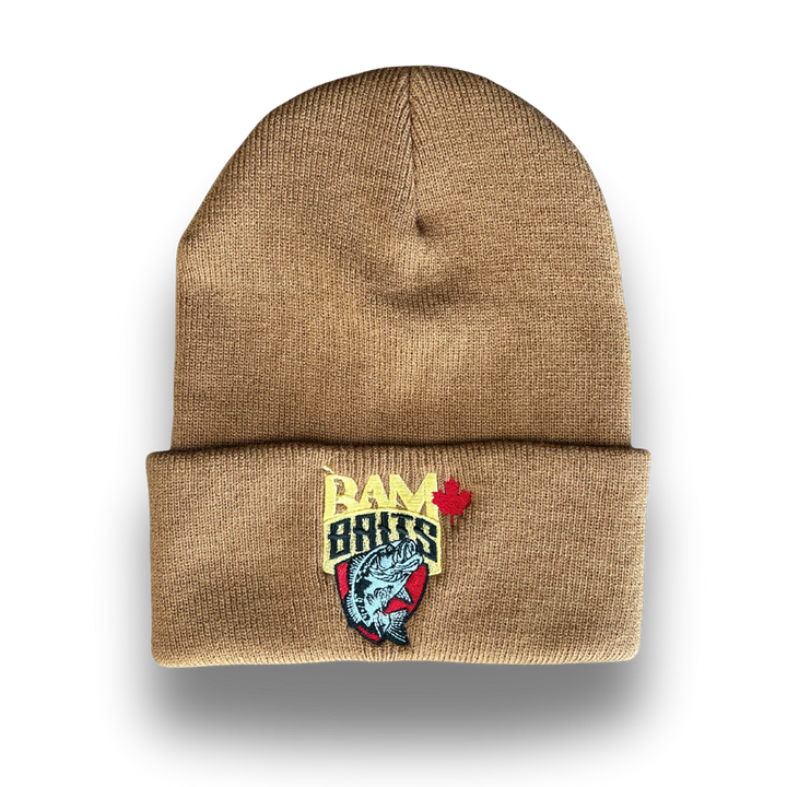 Caramel beanie/toque with Bam baits logo 