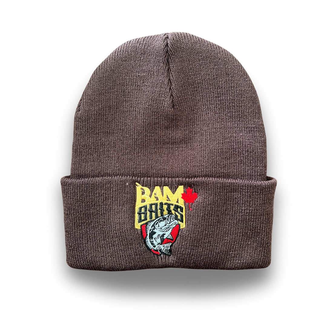 Brown beanie/toque with Bam baits logo 