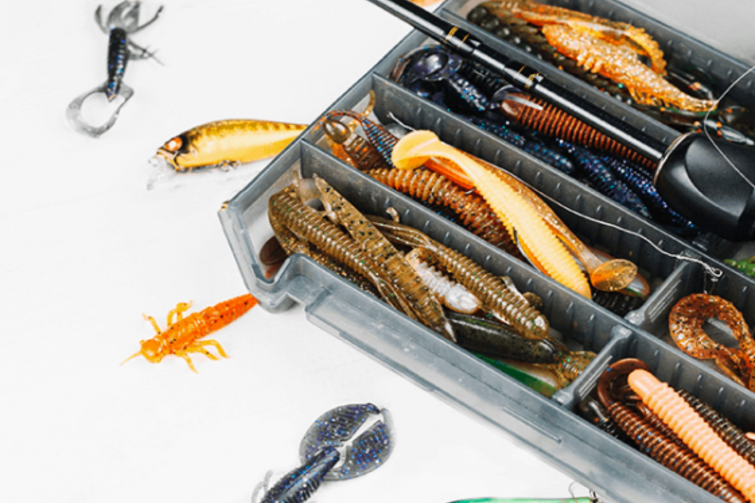 Fishing lures in a tackle box with a fishing rod on a white background