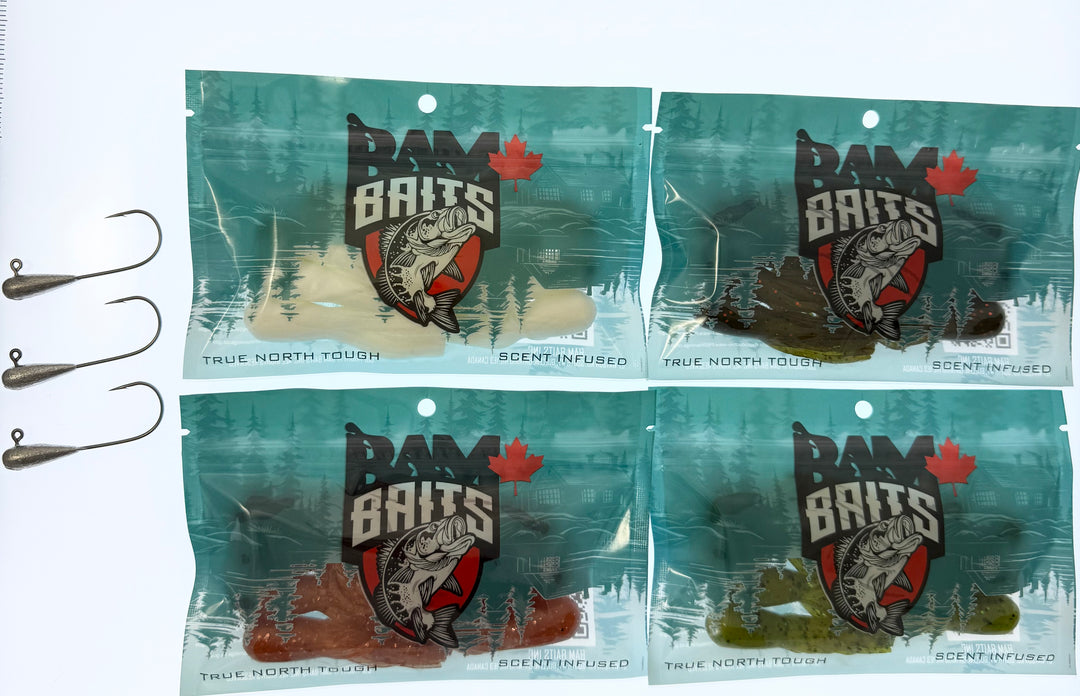 Four packages of Bam Baits with fishing hooks on a white background