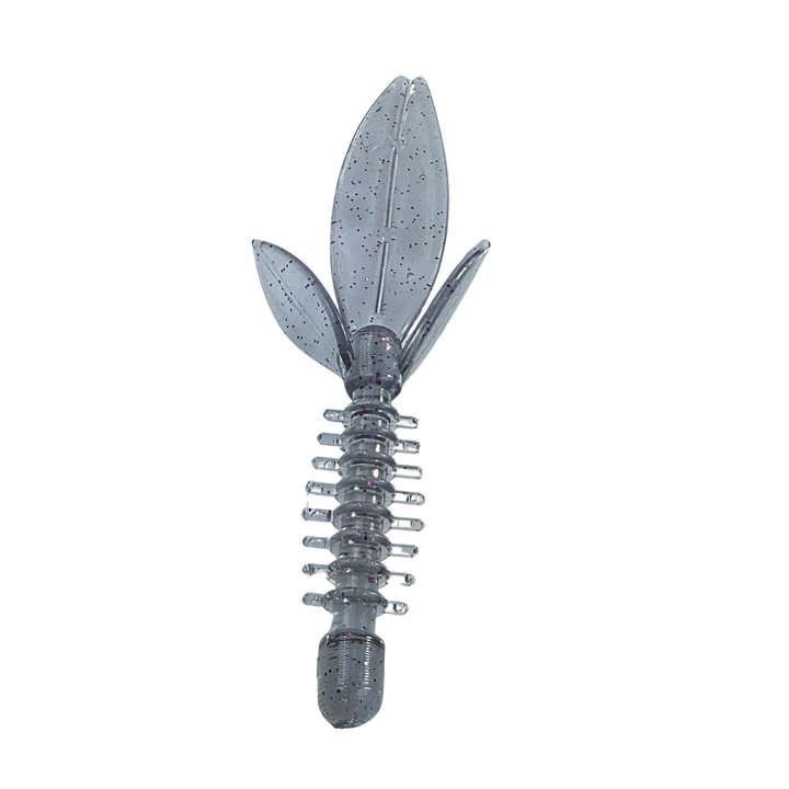 Gray fishing lure with leaf-like structures on a white background