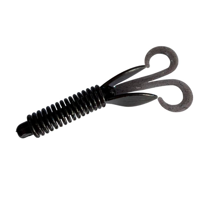 Black fishing lure with a white background