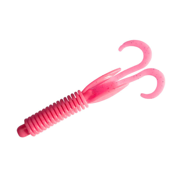 Pink fishing lure with a hook on a white background