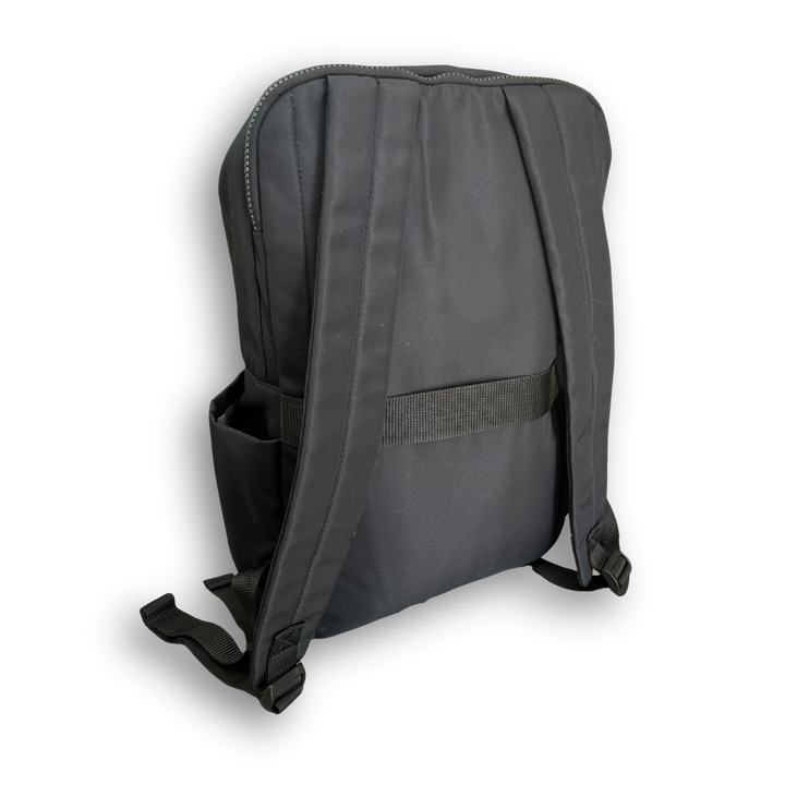 Back of black backpack with Bam baits logo embroidered