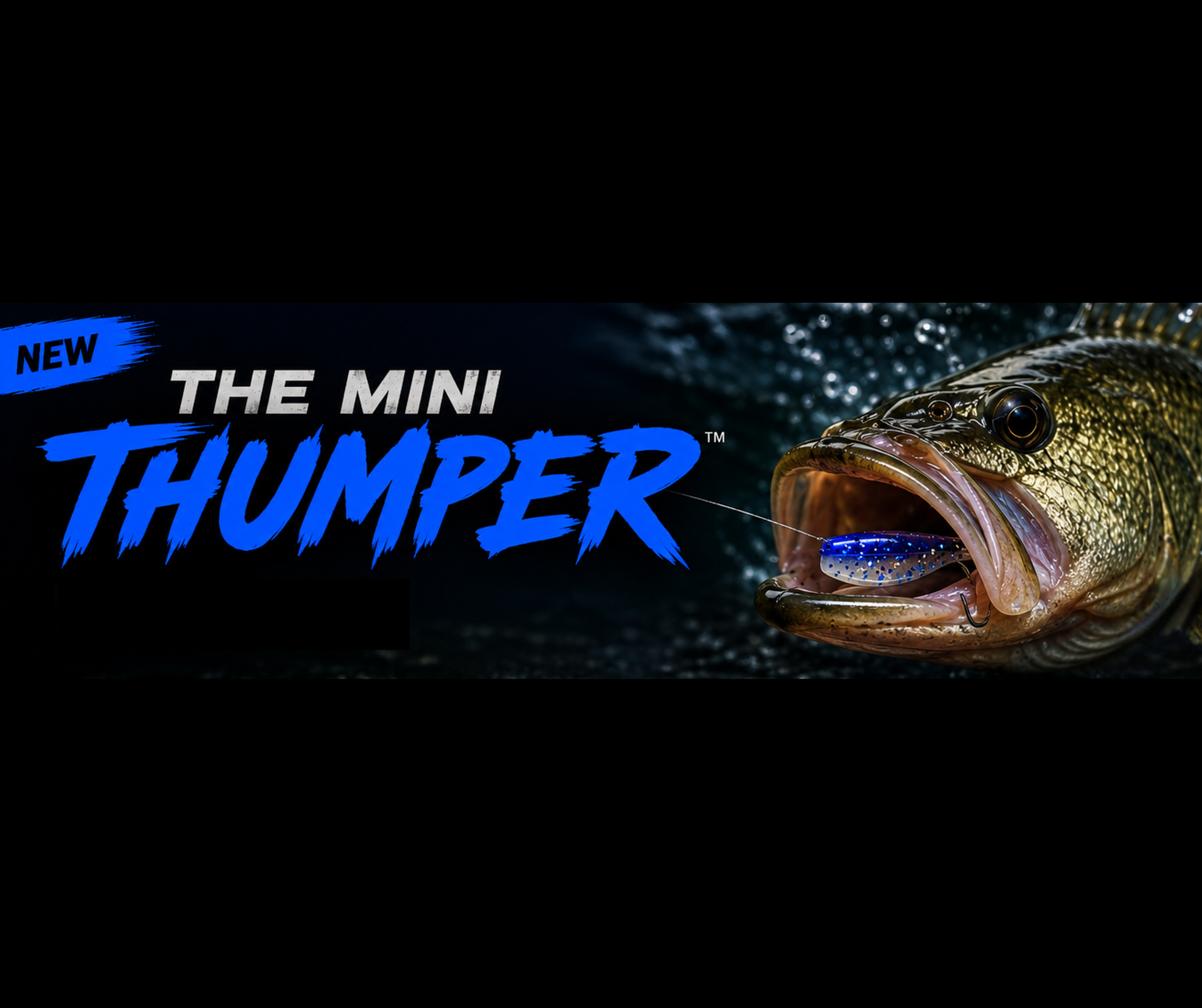 Fishing lure with 'The Mini Thumper' branding on a dark background