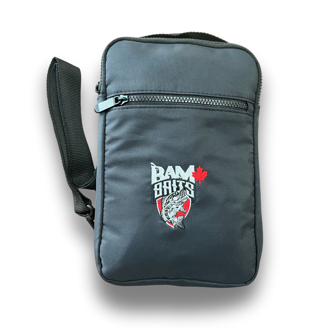Black sling bag with Bam baits logo embroidered