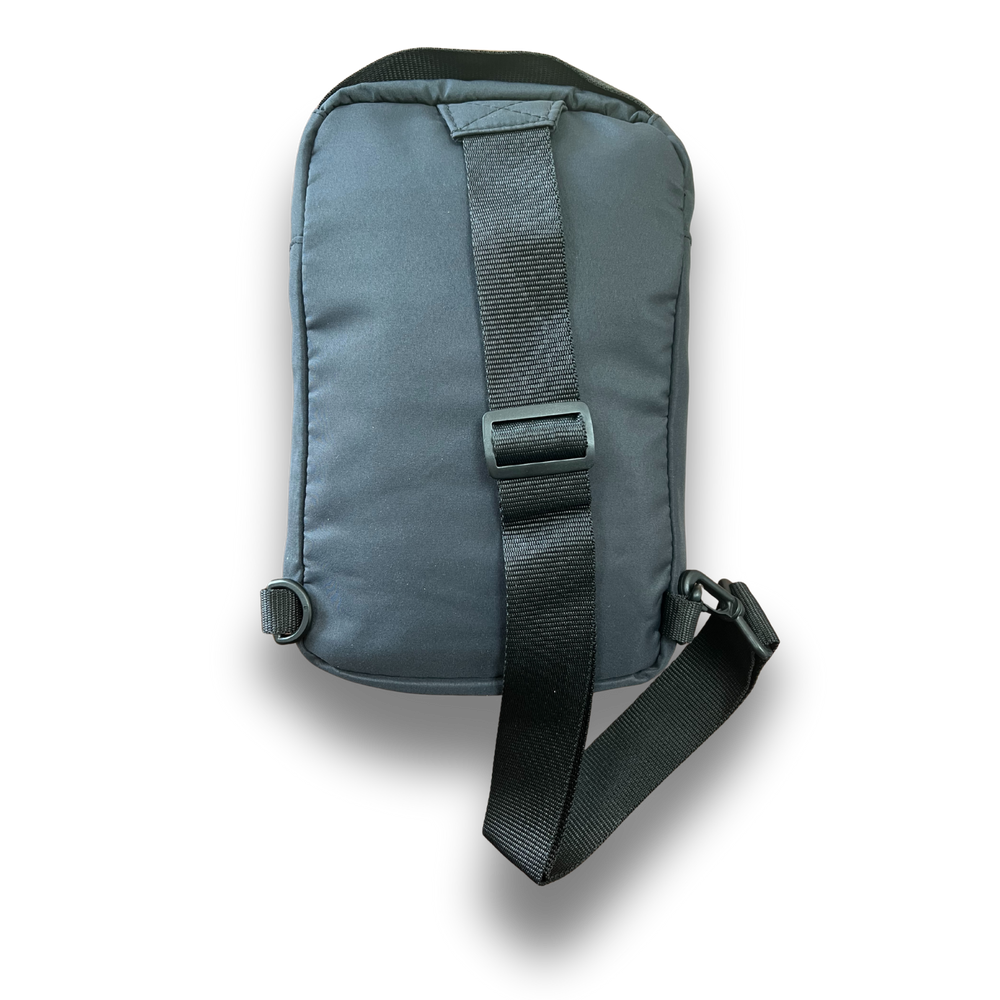 Back of black sling bag with Bam baits logo embroidered