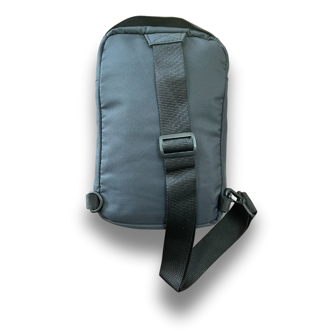 Back of black sling bag with Bam baits logo embroidered