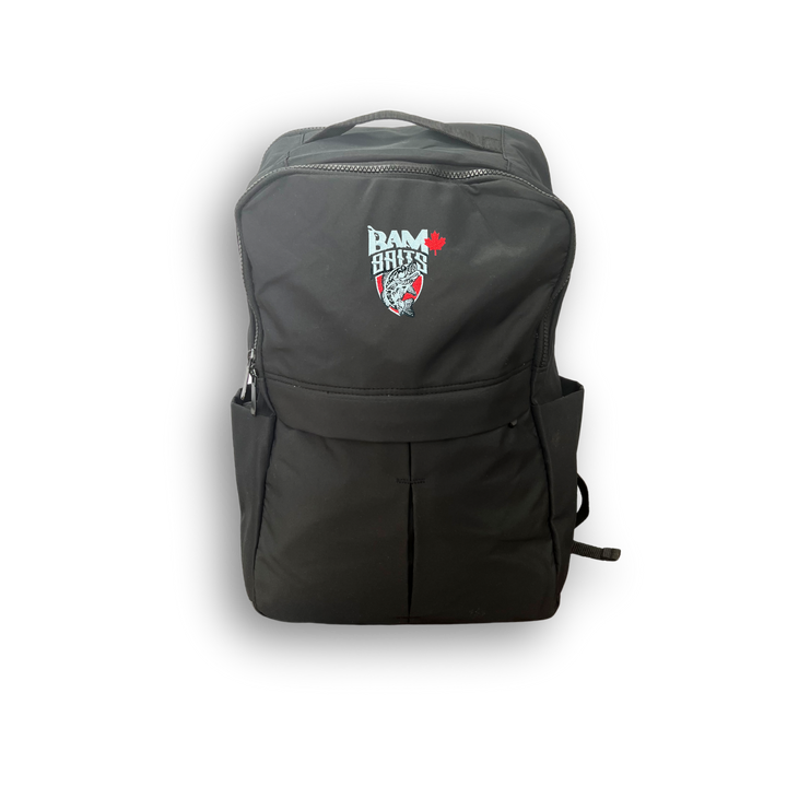 Black backpack with Bam baits logo embroidered