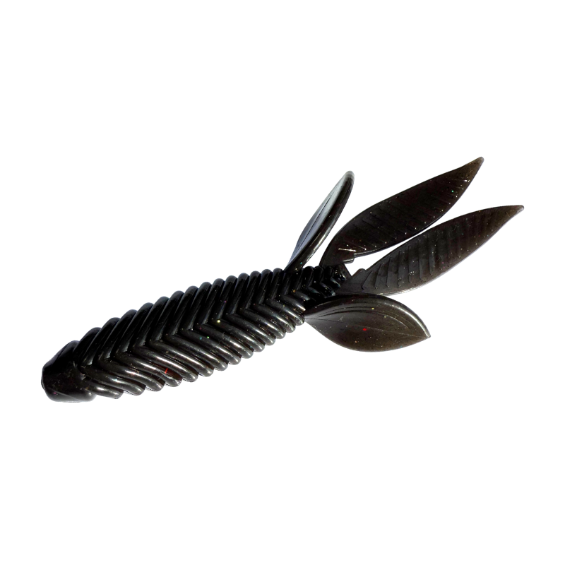 Black ribbed beaver fishing lure on a white background