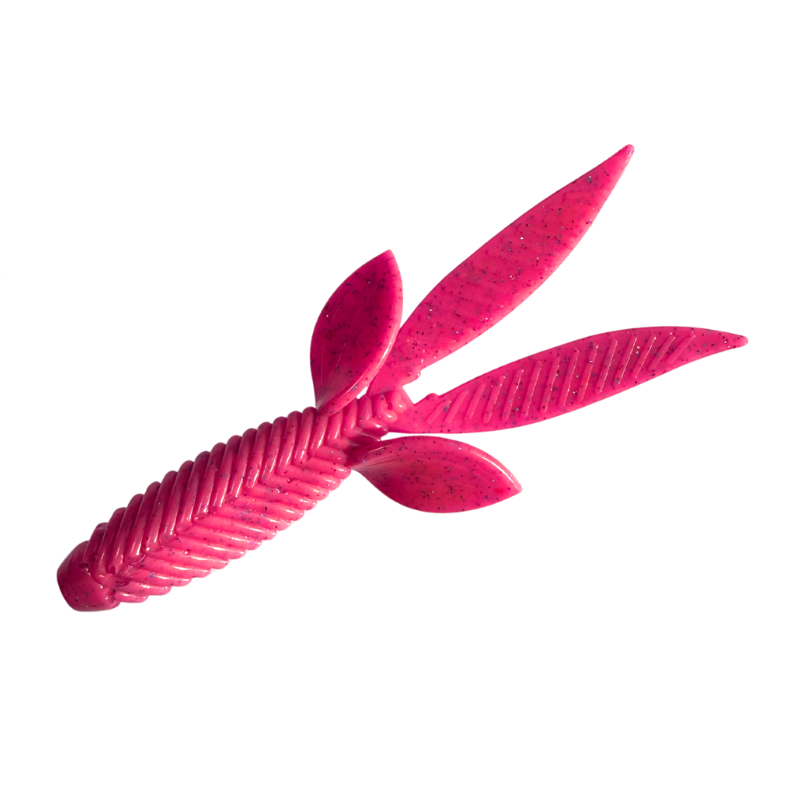 Pink beaver fishing lure with a ribbed body and leaf-like wings on a white background